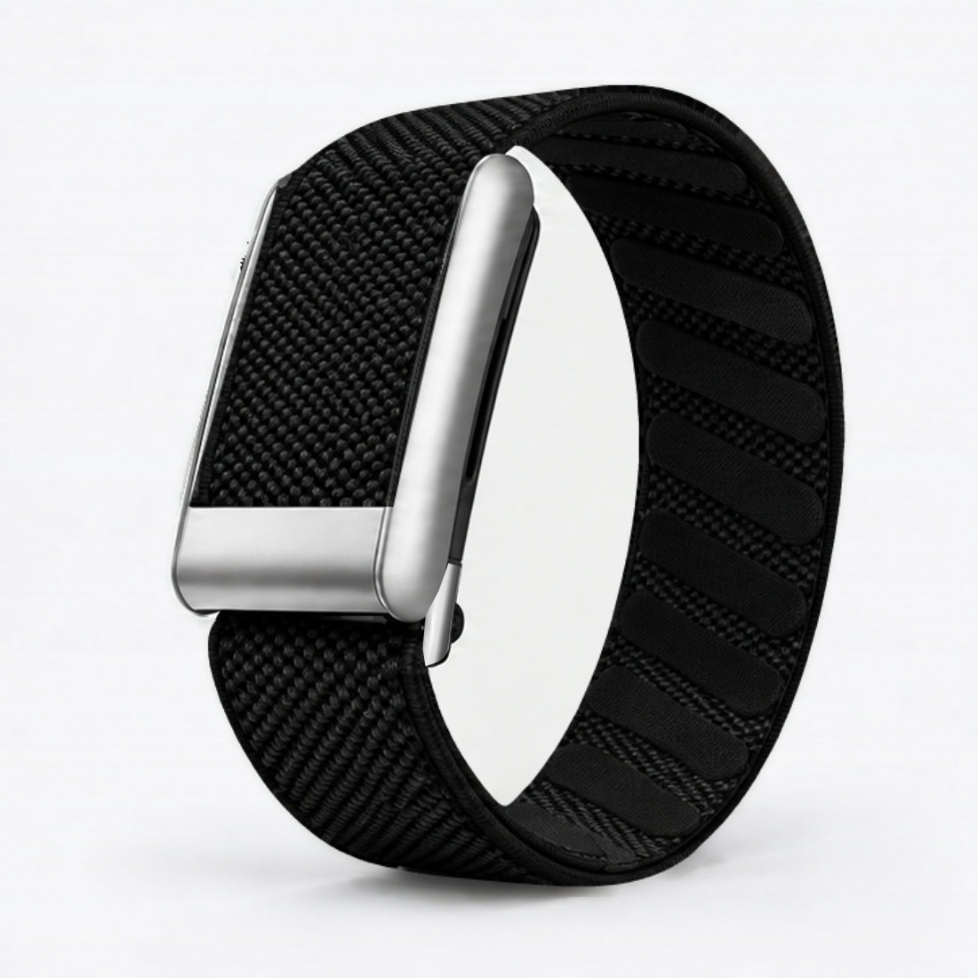 Black woven WHOOP band with silver hardware